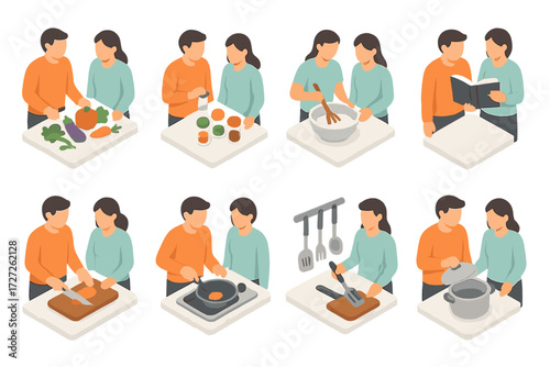 Modern Cooking Icons. Kitchen & Ingredients set icons in modern isometric flat : cooking together with vegetables, cooking together with spices,
