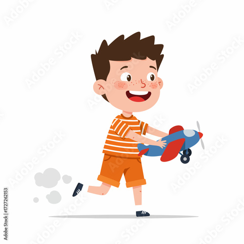 Happy little boy joyfully playing with a toy airplane, running and having fun