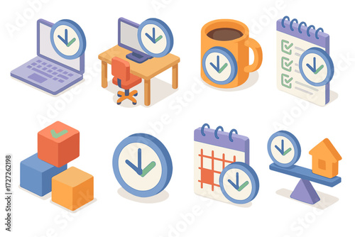 Flexible Schedule Icons. Work & Productivity set icons in modern isometric flat : flexible schedule with laptop, flexible schedule with office desk,