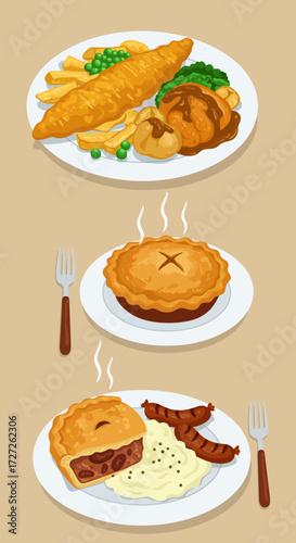 Three plates of traditional British savory foods including fish and chips pies and sausages with mash