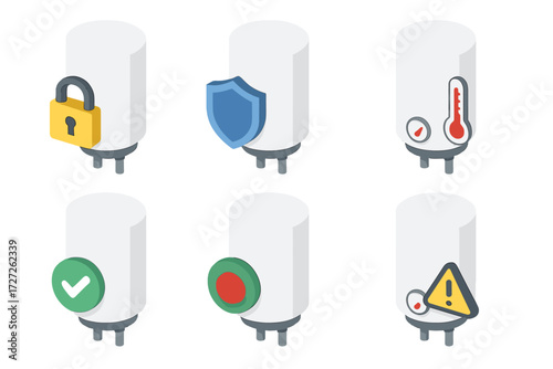 Secure Boiler Icons. Secure Boiler Tanks set icons in modern isometric flat : boiler with lock, boiler with shield, boiler with thermometer, boiler