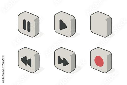 Media controls isometric icon set. featuring pause, play, rewind, fast-forward, and record buttons