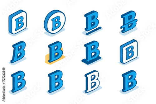 Bold Text Format Icons. Text Formatting set icons in modern isometric flat : bold letter in square, bold letter in circle, bold letter with underline,