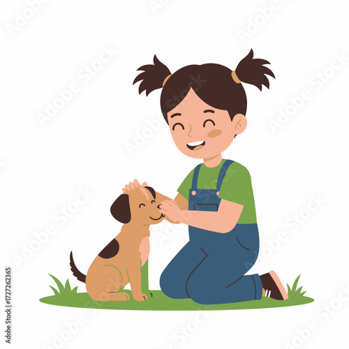 Happy young girl tenderly petting her adorable puppy on green grass