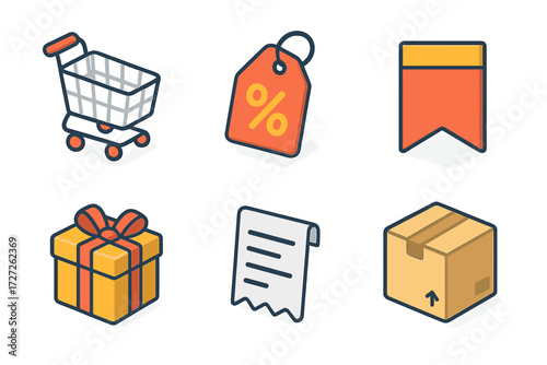 Shopping Festival Icons. Basic Shopping Festival set icons in modern isometric flat : shopping cart, discount tag, sale banner, gift box, receipt,
