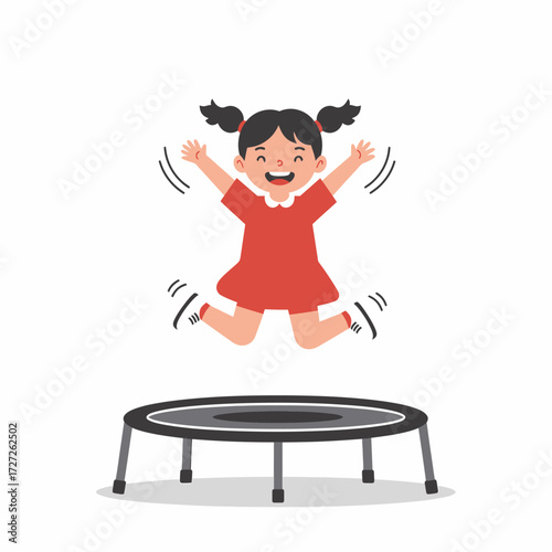 Happy Cartoon Girl Having Fun Jumping on a Trampoline