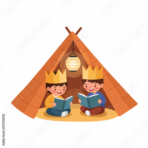 Two little princes with crowns reading books in a cozy teepee tent