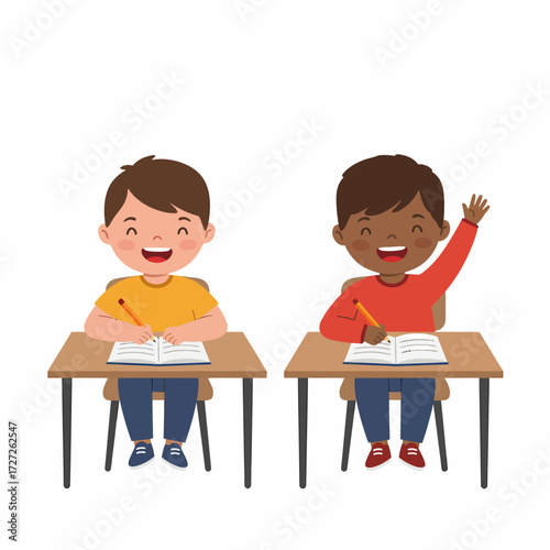 Smiling diverse elementary students engaged in a classroom lesson