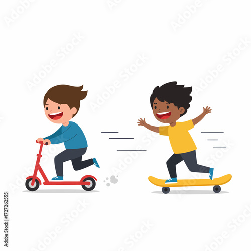 Active children enjoying outdoor fun on a scooter and skateboard
