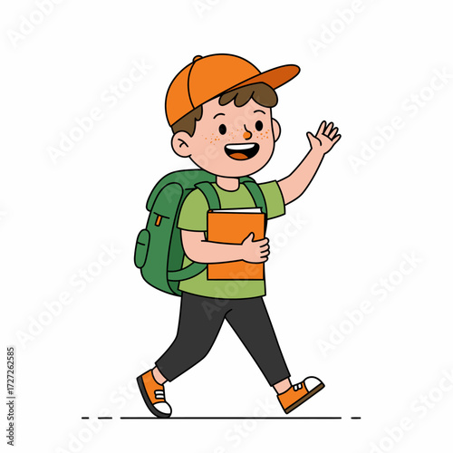 Happy cartoon schoolboy walking with a backpack and a book