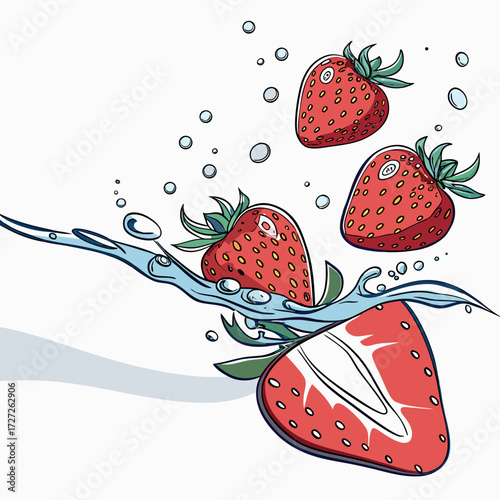 Fresh strawberries splashing in water for healthy eating
