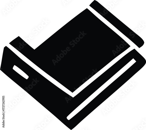 Simple black and white graphic icon representing an open book viewed from an elevated angle showing pages and cover detail for educational or library themes