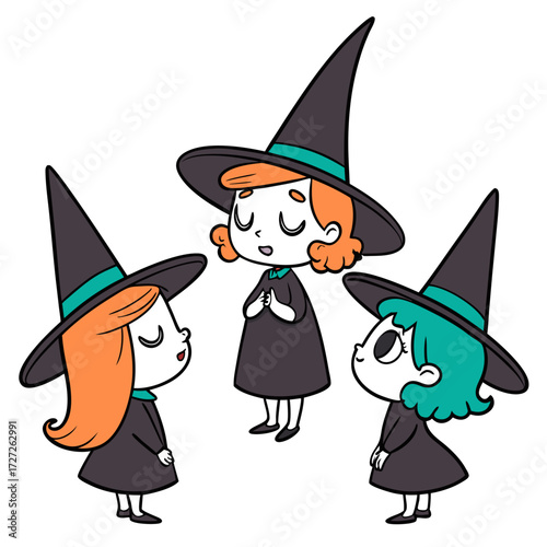 Cute Witches Coven Halloween Cartoon Illustration