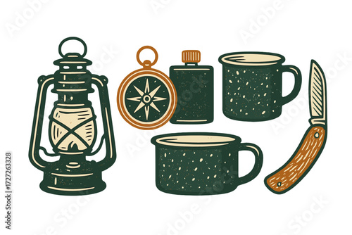 Outdoor adventure gear with lantern, compass, cups, flask, and knife for camping enthusiasts