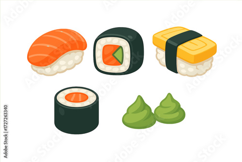 Colorful sushi platter featuring various types of rolls and wasabi on a white background