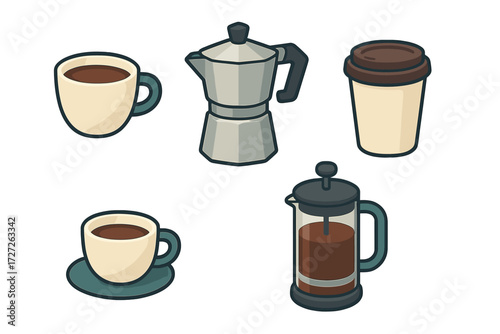 Various coffee brewing methods and cups displayed in a simple graphic layout showcasing different styles