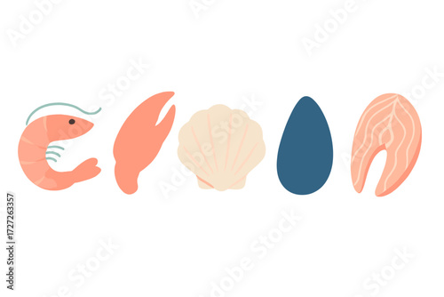 Colorful seafood illustrations showcasing shrimp, lobster, shell, mussel, and salmon