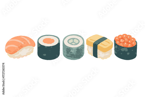 Colorful sushi selection displayed with various types in a simple arrangement on a white background