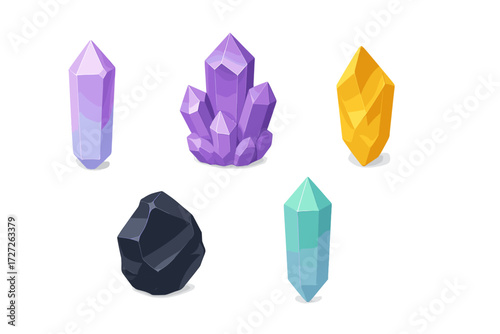 Colorful and unique geometric crystals arranged on a white background showcasing different shapes and hues
