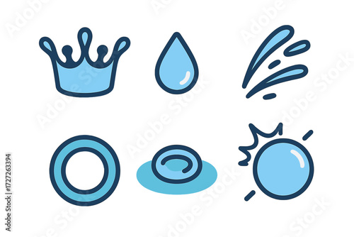 Different water splash designs and shapes in blue color representing fluid motion and nature