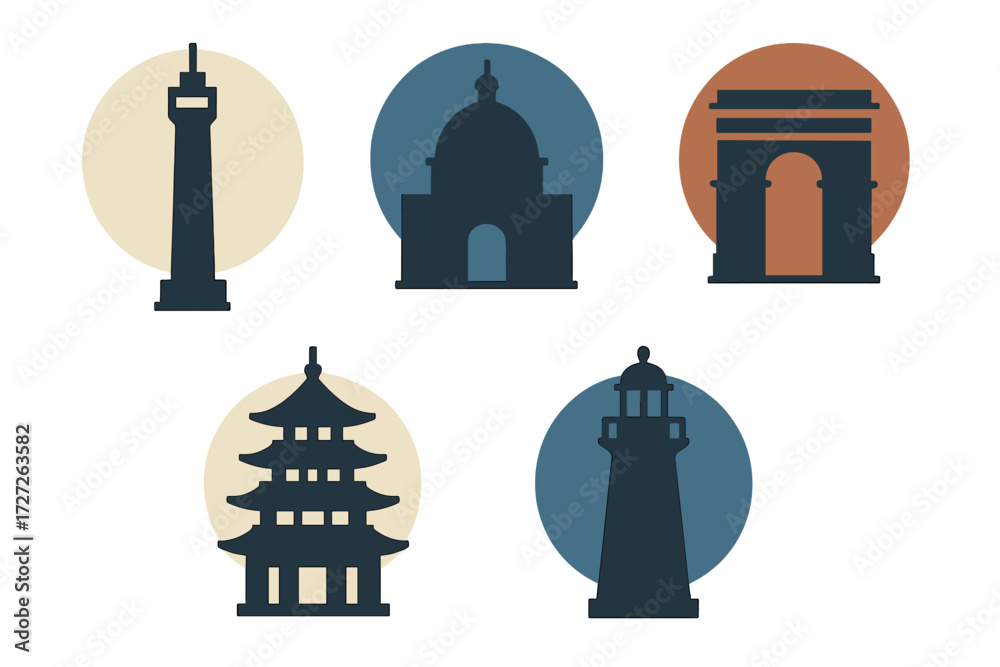 Obraz premium Iconic landmarks silhouette collection representing global architecture styles in a simple design