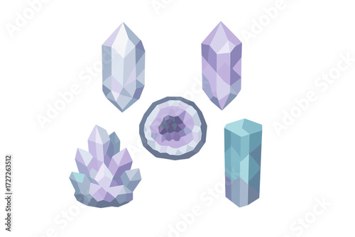 Beautiful collection of colorful geometric crystals displayed against a white background showcasing various shapes and colors