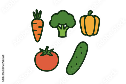 Colorful collection of vegetables including carrot, broccoli, bell pepper, tomato, and cucumber on white background