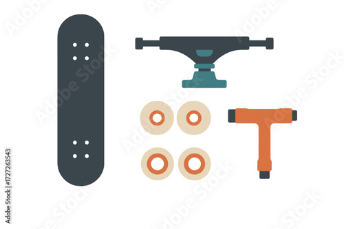 Skateboard components layout showing deck, trucks, wheels, and tools for assembly outside in bright light