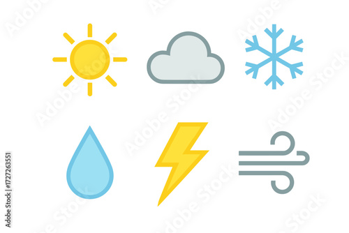 Weather icons depicting sun, cloud, snowflake, raindrop, lightning, and wind for easy understanding of weather conditions