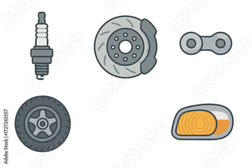 Car parts collection showing spark plug, brake disc, tire, chain, and turn signal light in a simple layout