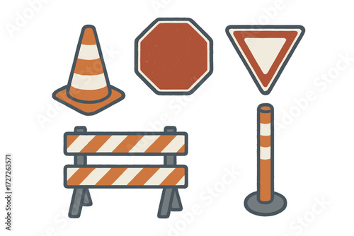 Collection of common road signs and traffic cones for construction and safety use