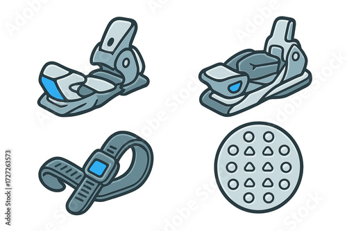 Snow sports equipment featuring snowboard bindings, a wrist strap, and a traction pad for winter activities in a snowy environment