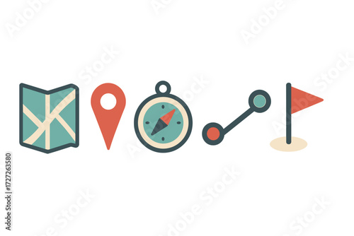 Symbols representing navigation tools often used for exploring new places and finding directions in various locations