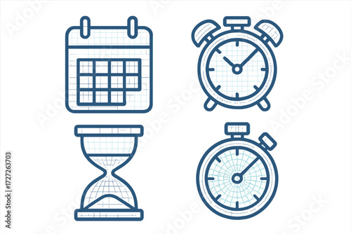 Illustration of time management tools including calendar, clock, hourglass, and stopwatch is ideal for productivity and planning