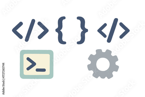 Coding symbols and tools depicted in a flat design style for programming and development