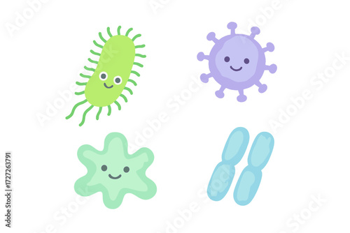 Colorful cartoon bacteria and microbes representing different types of germs in a playful style