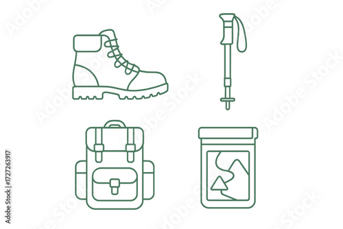 Outdoor hiking essentials featuring a boot, trekking pole, backpack, and trail snacks for adventure lovers