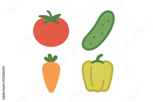 Fresh vegetables including tomato, cucumber, carrot, and bell pepper displayed on a light background