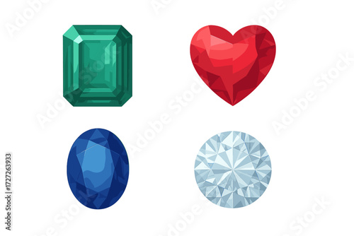 Colorful collection of gemstones displayed in various shapes and cuts, showcasing rich hues and sparkling surfaces