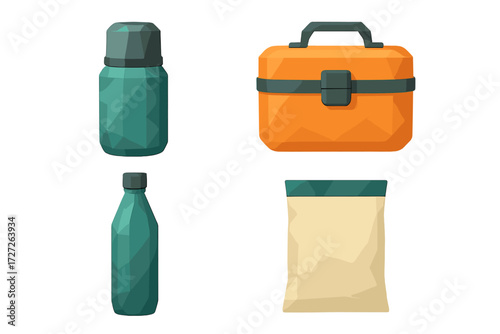Colorful geometric designs of lunch items including a thermos, lunch box, water bottle, and snack bag on a white background
