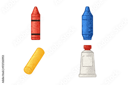 Colorful art supplies displayed together include crayons and glue in a bright and simple arrangement ideal for creative activities
