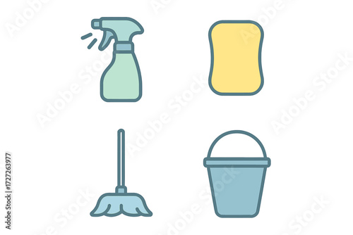 Cleaning supplies including spray bottle, sponge, mop, and bucket for household chores and maintenance