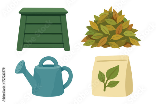 Gardening tools and materials for a vibrant garden and healthy plants preparation in early spring