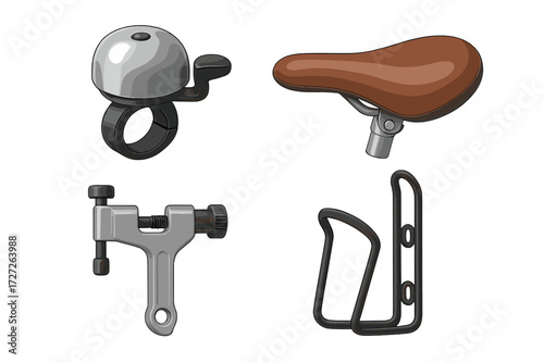 Collection of bicycle accessories including bell, saddle, clamp, and bottle holder displayed on a white background