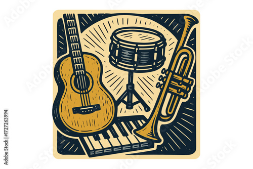 Artistic illustration of musical instruments including a guitar, trumpet, drum, and keyboard in a creative design