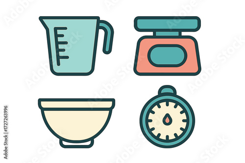 Kitchen utensils including measuring cup, kitchen scale, mixing bowl, and timer for cooking and baking activities