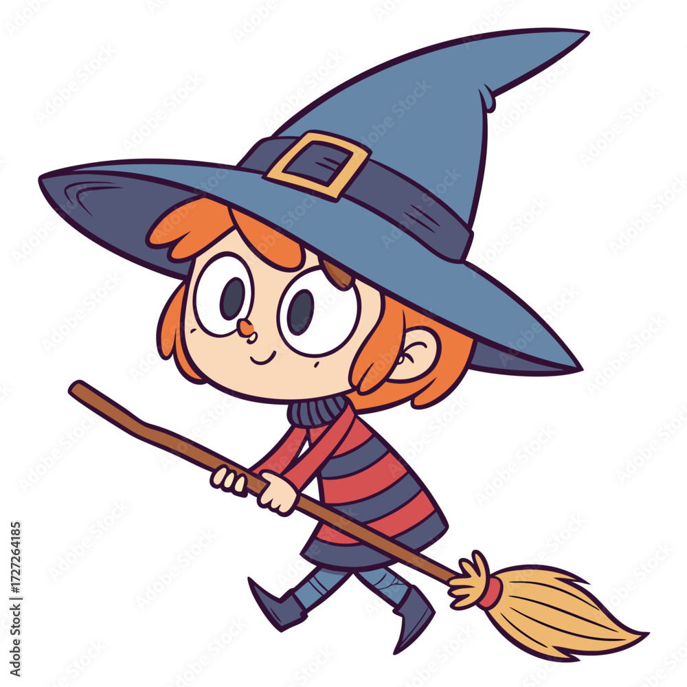 Obraz premium Cute Witch Riding Broomstick Halloween Cartoon