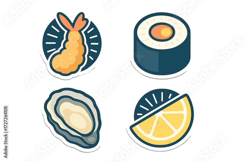 Colorful stickers of shrimp, sushi roll, oyster, and lemon slice arranged on a white background