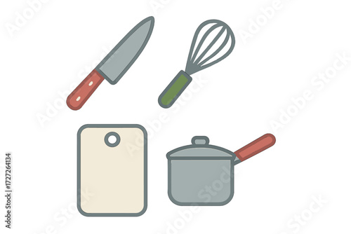 Essential kitchen tools for meal preparation and cooking at home with equipment for chopping, mixing, and boiling