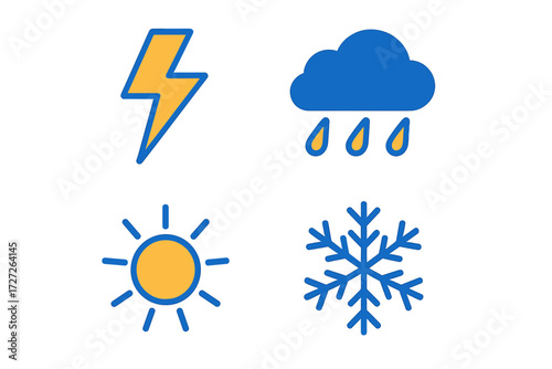 Weather symbols representing lightning, rain, sun, and snow in a colorful design suitable for educational purposes or weather forecasting
